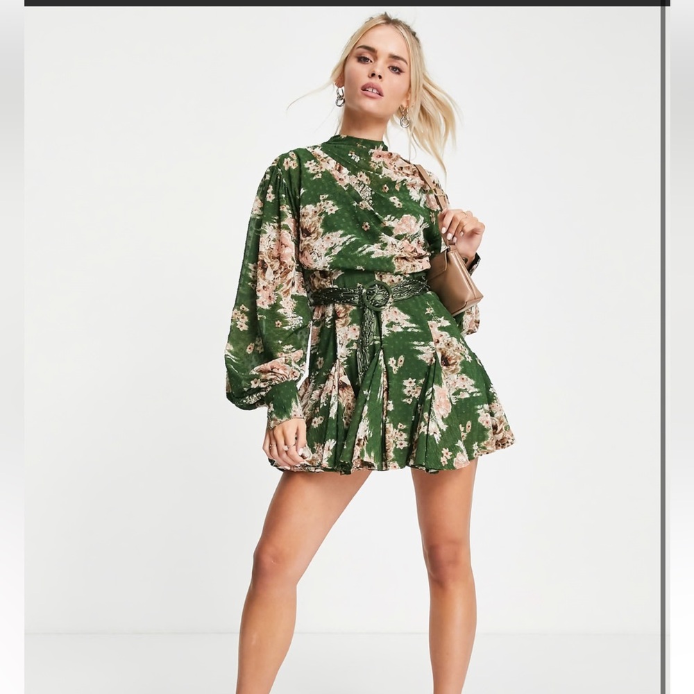 H10 ASOS DESIGN High Neck Pleated Jacquard Dres Macrame Belt Godet Detail Floral